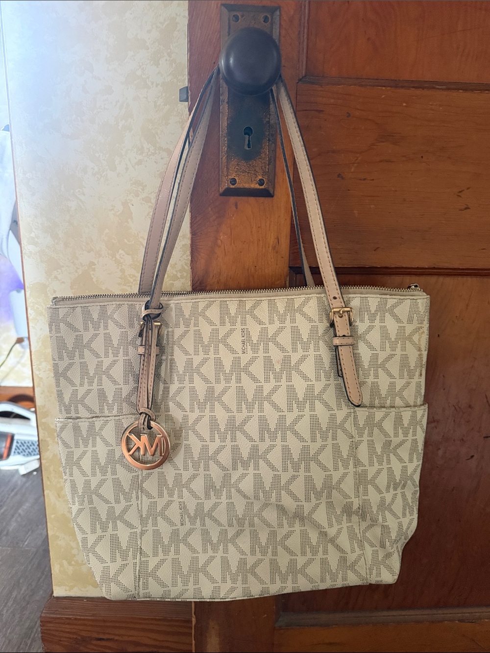 Michael Kors Cream MK Logo Tote with Pale Pink Trim